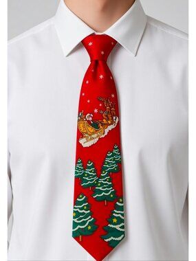 Santa Sleigh & Christmas Tree Red Novelty Tie Festive Holiday Design